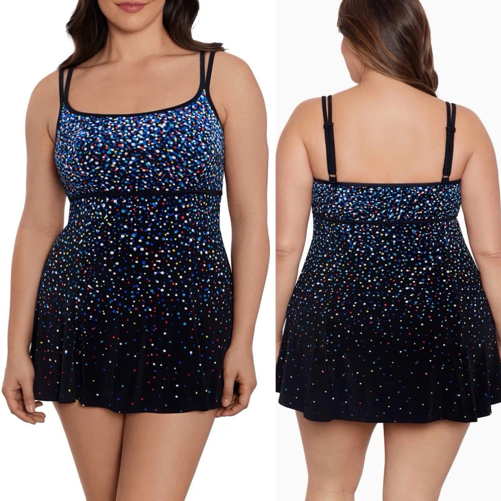 Longitude Black Swimdress with Multicolor Polka Dots Size 10